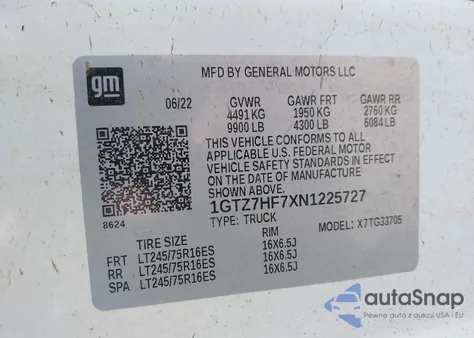 2022 GMC Savana Cargo Rwd 3500 Extended Wheelbase Work Van из США, поврежденный, VIN 1GTZ7HF7XN1225727